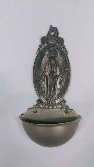 Antique Catholic Holy Water Font Mary,  Mother Of Jesus - Pewter Wall Mount