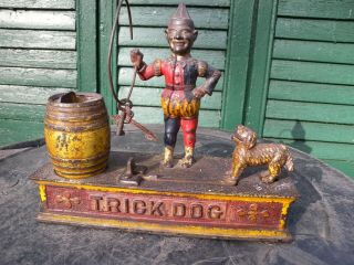 Antique 1888 Cast Iron Mechanical Trick Dog Bank Vintage Penny Clown Nr