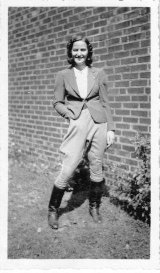 Vintage 1940s Snapshot Black White Photo Pretty Girl Riding Boots Pocket Smile