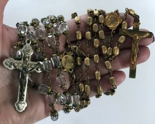 Vintage 2 Rosary Glass Beads One Clear Crystal And Second Gold Catholic 10