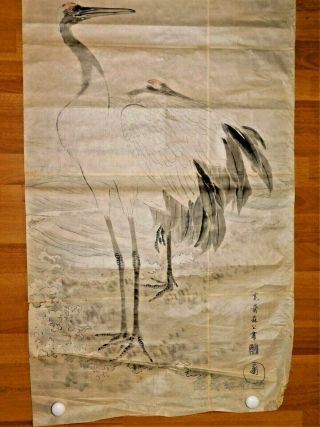 Vtg Scroll Chinese Japanese Asian Birds Watercolor Ink Painting Art Paper Signed