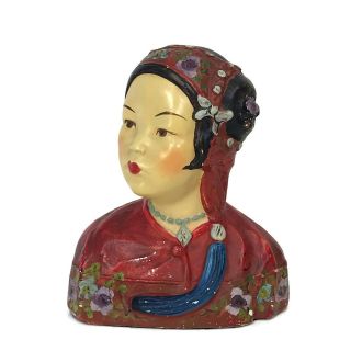 Vintage 1923 Joe Celona Chalkware Bust Chinese Asian Girl Art Deco Red 9 - 1/2 "