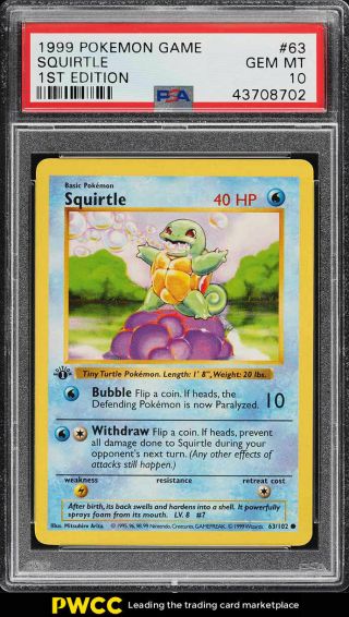 1999 Pokemon Game 1st Edition Squirtle 63 Psa 10 Gem (pwcc)