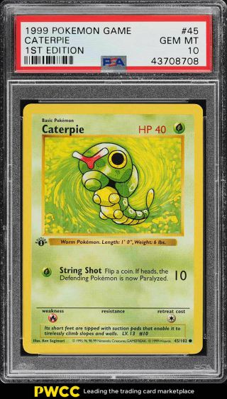 1999 Pokemon Game 1st Edition Caterpie 45 Psa 10 Gem (pwcc)
