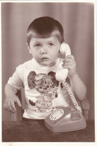 1981 Cute Little Boy W/ Toy Phone Dog Print On T - Shirt Old Soviet Russian Photo
