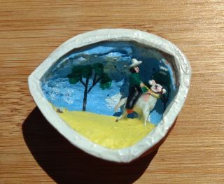 Cowboy On Horseback Walnut Art Miniature Diorama Scene Mexican Folk Art W Glass
