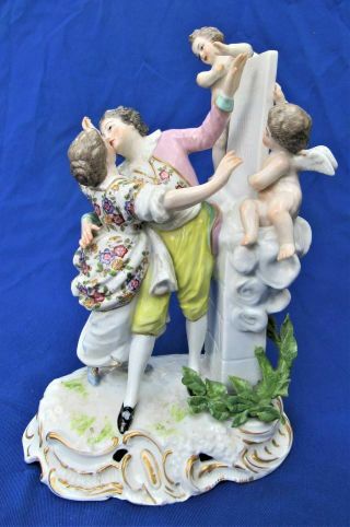 Large Antique German Porcelain Figural Group Lovers Kissing Cherubs Statuette