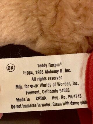 Vintage 1984 / 1985 Teddy Ruxpin Talking Bear Plush Worlds Of Wonder Toy 3