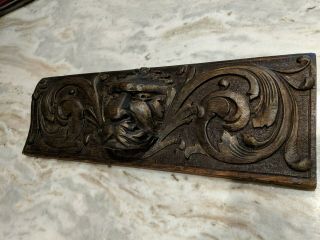 Antique Hand Carved Wood Gothic Head Wall Panel Plaque Dove Tail Edge
