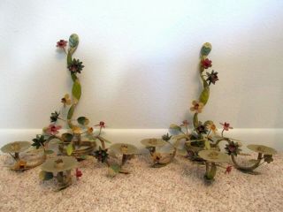 Pair Vintage Tole Painted Flower 3 Arm Metal Candelabra Shabby Wall Sconce Set