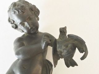 Antique 11 " Patinated Bronze Cherub Child W/ Bird Statue Figurine Vb 748 France