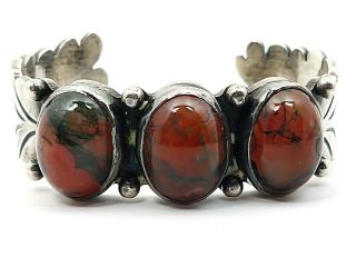 Vintage Signed Navajo Sterling Silver Moss Agate Cuff Bracelet 72.  9g Chunky