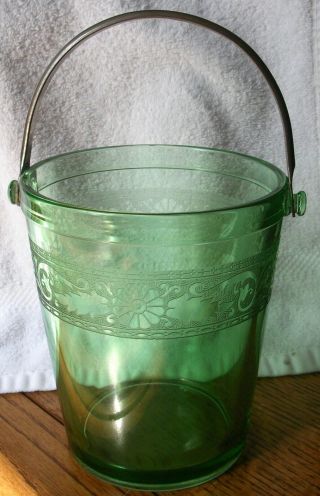 Vintage Fostoria Green Seville Etched Depression Glass Ice Bucket W/ Handle