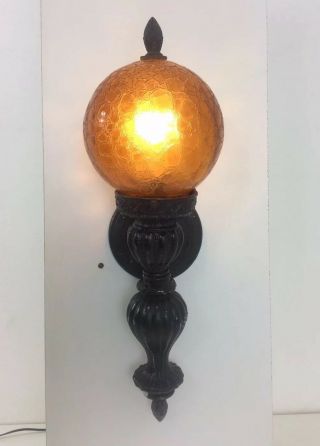 Vtg 60s 70s Spanish Goth Lamp Electric Wall Sconce W/ Amber Globe Liberty Torch