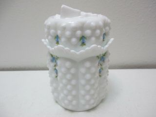 Vintage Fenton Glass Covered Candy Jar Milk Glass Hobnail Blue Bells Butterfly