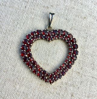 Sparkly Vintage Garnet Heart Shaped Large Silver Pendant For Necklace