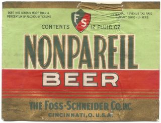 Nonpareil Beer Label - Foss Schneider Brewery,  Cincinnati,  Oh - U Permit