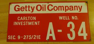 Vintage 1950s Getty Oil Company Porcelain Well Lease Sign 12 " X 24 " Rare