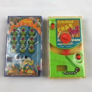 Vintage Tomy Handheld Pocket Game Cracked Crab (1978),  Feed The Frogs (1977)