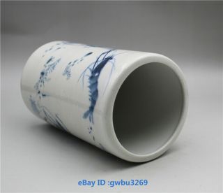 Chinese Blue and white porcelain Hand - painting Shrimp Brush Pot - Pen holder 3