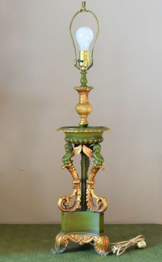 Vintage Hollywood Regency Mod Green Mid Century Table Lamp Cast Metal Cherubs