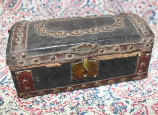 Antique Leather Document Box Miniature Dome Top Trunk 19th Century
