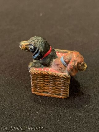 Antique Austrian Cold Painted Vienna Bronze Dachshunds Puppies On A Basket.