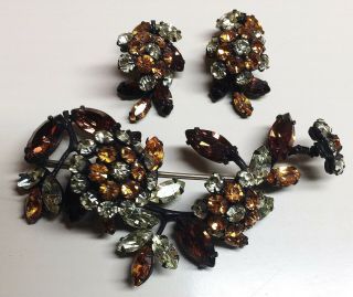 Rare Vintage Schreiner Ny Multicolor Trembler Blossoms Brooch Pin & Earrings Set