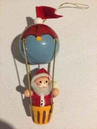 " Vintage " Wooden Santa In A Hot Air Balloon 4 1/2 " Ornament Htf