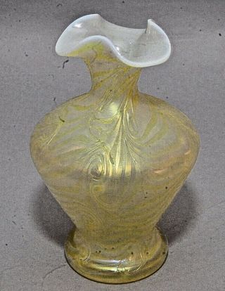 Antique Loetz Art Glass Vase Iridescent Yellow Gold Swirl Brocade Finish 6 - 1/2 "