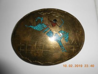 Vintage Hand Made Turquoise Coral Inlay Horse Rodeo Western Belt Buckle 4x3 In.