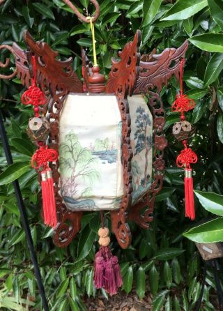 Vintage Chinese Wood Folding Hexagon Frame Lantern W Painted Fabric Globe