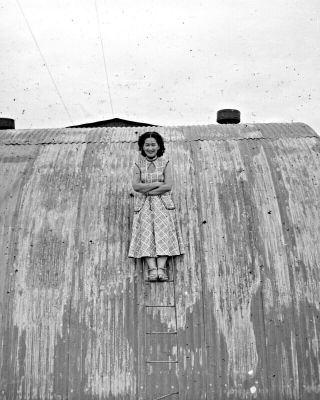 Vintage Negative: Occupied Japan Woman Pin - Up Girl Quonset Hut Roof 40s