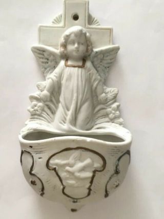Antique Religious German Bisque Porcelain Holy Water Font Angel Cross Numbered