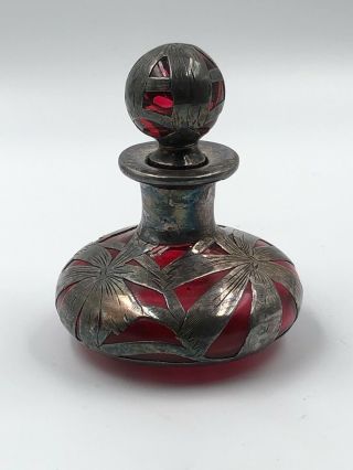 Antique Art Nouveau Red Glass Sterling Silver Overlay Perfume Bottle Vtg