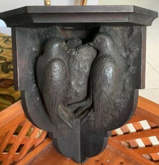 Antique Primitive Black Forest Carved Wood Bird Sculpture Corner Wall Shelf