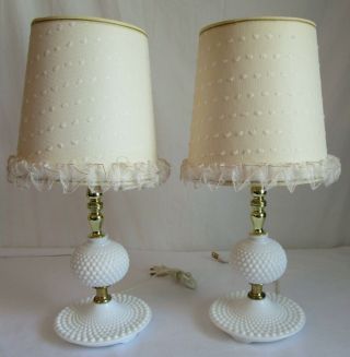 Vintage Milk Glass Hobnail Table Lamps With Shades