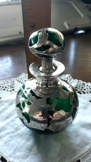 Vintage Art Deco Emerald Green Perfume Sterling Silver Overlay Glass Bottle