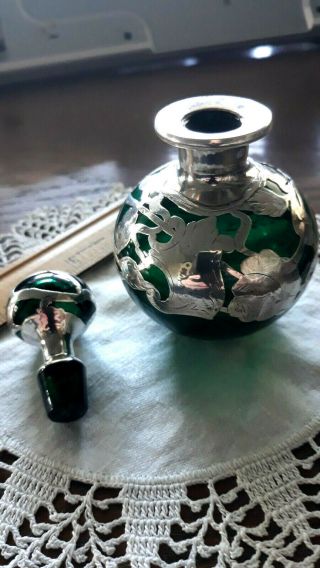 Vintage Art Deco Emerald green Perfume Sterling Silver Overlay Glass Bottle 2