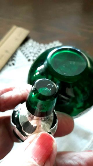 Vintage Art Deco Emerald green Perfume Sterling Silver Overlay Glass Bottle 3