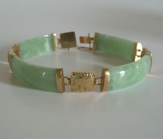 Vintage Chinese Dragon Bracelet Green Jade 14k Yellow Gold 7 " Inches 18 Grams