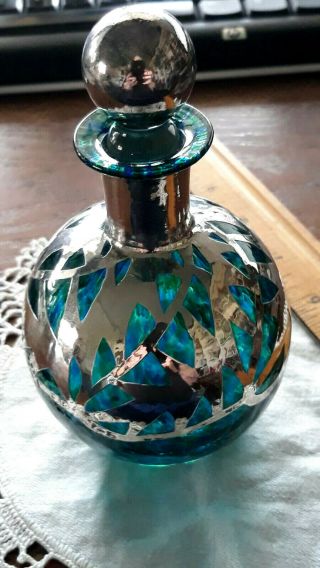 Rare Green Blue Art Deco Perfume Sterling Silver Overlay Crystal Glass Bottle