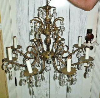 Vintage 8 Arm Brass With Crystal Prisms Chandelier Light Lamp