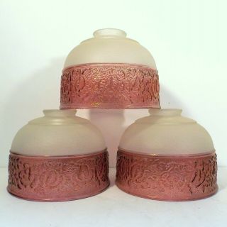 Set Of 3 Antique Cranberry Flashed Satin Frosted Glass Poppy Flower Lamp Shades