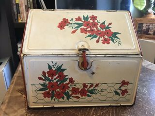 Fun 1940s/50s Vintage Tin Metal Bread Box/ Pie Safe With Red Floral Designs