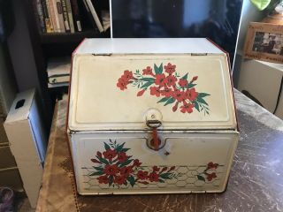 Fun 1940s/50s Vintage Tin Metal Bread Box/ Pie Safe with Red Floral Designs 2