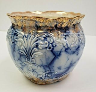 Antique Warwick China Gold & Flow Blue Cracked Ice Jardiniere Planter Pot Vase