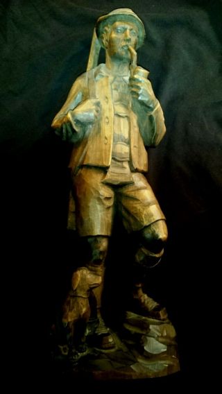 Vintage Large German Hand Carved Wooden Figurine Of Hunter,  Rifle & Dog