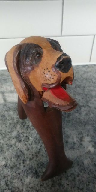 Vintage Nut Cracker Hand Carved Wood Dog With Glass Eyes