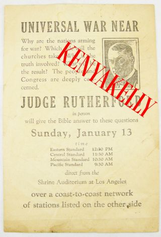 Rutherford Handbill Universal War Near Broadcast Los Angeles 1935 Watchtower Wow